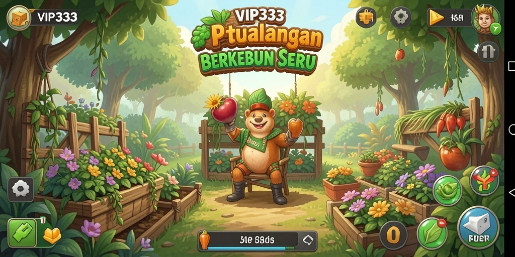 Screenshot gameplay VIP333 menampilkan kebun yang subur dan interaksi antar pemain.